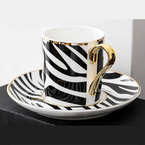 2 Sets of NEW Black & White Zebra Design Bone China 2-Piece Espresso Set w/Gol… - Picture 4 of 4